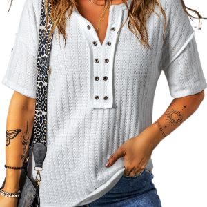 Women's White Textured Hollow Grommet Placket Split Neck Short Sleeve Top