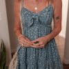 Women's Blue Floral Print Spaghetti Strap Knot Detail High Waist Flared Mini Dress - Image 3