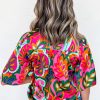Women's Rose Summer Plant Print Lace Up V Neck Short Sleeve Blouse - Image 3