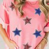Women's Peach Blossom Sequin Star Graphic Tee - Contrast Patchwork Design - Image 2