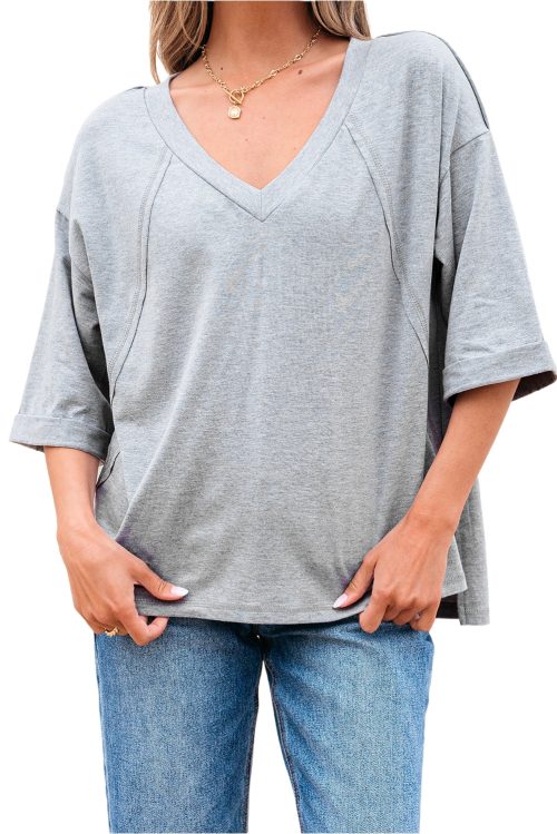 Women's High Raglan Half Sleeve V Neck Oversized T-Shirt - Casual and Chic