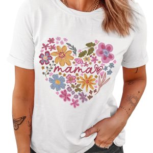 Women's White MAMA Flower Heart Graphic Tee – Soft Cotton Blend Casual T-Shirt