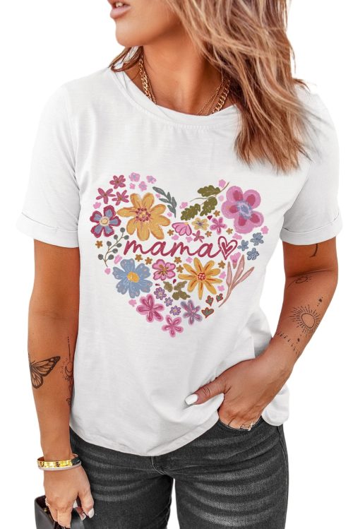 Women's White MAMA Flower Heart Graphic Tee – Soft Cotton Blend Casual T-Shirt