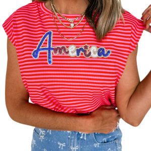 Women's Red Stripe Sequin 'America' Letter Patched Cap Sleeve Top