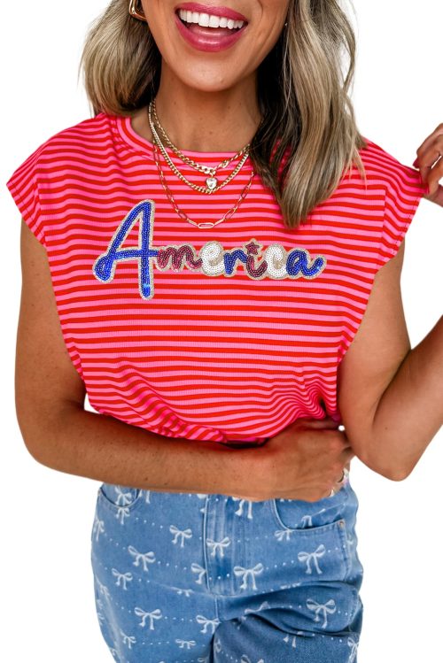 Women's Red Stripe Sequin 'America' Letter Patched Cap Sleeve Top