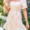 Women's Pink Floral Puff Sleeve Mini Dress with Square Neck and Open Back - Image 9