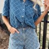 Women's Dusk Blue Checkered Textured Short Sleeve Denim Shirt with Patched Pocket - Image 5