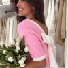 Women's Bonbon Colorblock Short Sleeve Sweater with Bow Applique and V-Shape Cut Back - Image 3