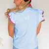 Women's Beau Blue Color Contrast Ruffled Sleeve V Neck Blouse - Elegant Summer Top - Image 2