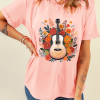 Women's Pink Guitar Flower Print Crew Neck Loose T-Shirt - Casual Summer Tee - Image 9