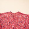 Women's Red Floral Crinkled Blouse with Tie Split Neck and Short Flounce Sleeves - Image 7