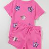 Girls' Strawberry Pink Solid Color Textured Sequined American Star Patched 2pcs Outfit - Image 9
