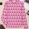Women's Pink Cowgirl Boots Printed Mock Neck Long Sleeve Mesh Top - Image 4