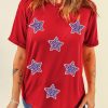 Women's Red July 4th Sequin Star Graphic T-Shirt for Independence Day - Image 3