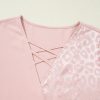 Women's Apricot Pink Leopard Jacquard Patchwork Crisscross V Neck Short Sleeve Blouse - Image 18