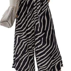 Women's Black Zebra Striped Wide Leg Pants - Lightweight & Comfortable for Summer
