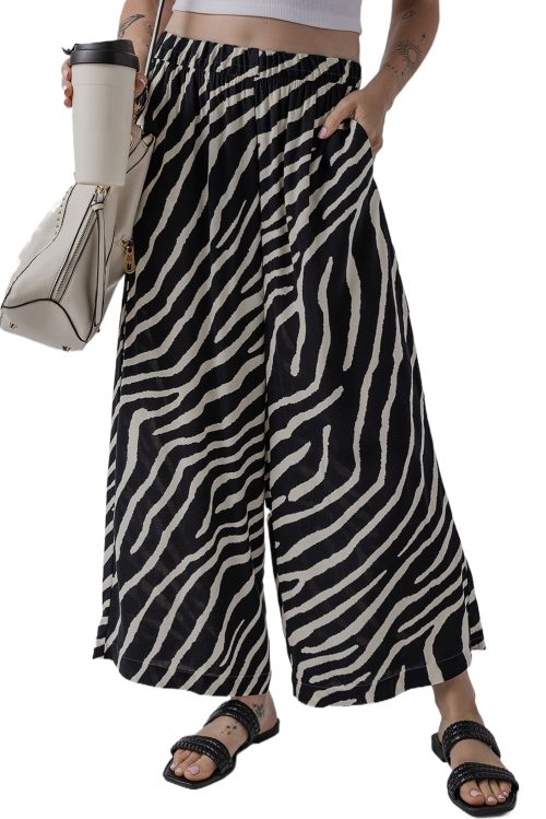 Women's Black Zebra Striped Wide Leg Pants - Lightweight & Comfortable for Summer