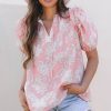 Chic Pink Floral Print Drawstring V Neck Puff Sleeve Blouse for Women - Image 6