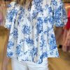 Women's Sky Blue Floral Tiered Puff Short Sleeve Pleated Bust Buttoned Casual Shirt - Image 3
