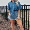 Women's Dusk Blue Checkered Textured Short Sleeve Denim Shirt with Patched Pocket - Image 7