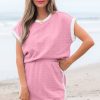 Women's Pink Contrast Trim Textured Crewneck Tee and Pocketed Skirt Set - Image 5