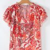 Women's Red Vintage Floral Ruffle Sleeve V Neck Blouse - Lightweight Chiffon Summer Top - Image 9