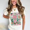 Women's White Western Boot Flower Print Crew Neck Loose Tee - Image 3