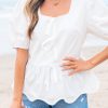 Elegant Women's White Bow Knot Decor Square Neck Puff Sleeve Peplum Top - Image 9