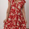 Women's Red Floral Print Midi Dress - Buttoned Front V Neck with Tiered Short Sleeves - Image 7