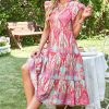 Women's Rose Tribal Paisley Print Ruffled Sleeve Notch Neck Midi Dress - Bohemian Style - Image 3