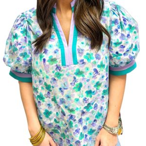 Women's Green Floral Print Blouse with Striped Trim and Split V Neck