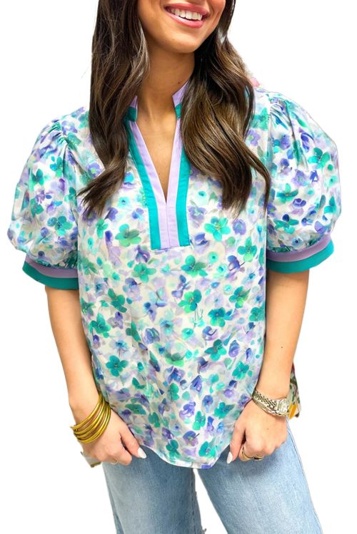 Women's Green Floral Print Blouse with Striped Trim and Split V Neck