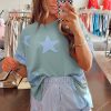 Women's Smoke Green Oversized T-Shirt with Frayed Denim Star Patch - Image 5
