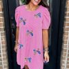 Bright Pink Sequin Bow Spiral Ribbed Puff Sleeve T-Shirt Dress with Flag Pattern - Image 5