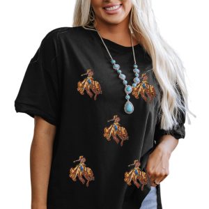 Women's Black Western Horse Patched Crew Neck Graphic T-Shirt for Casual Wear