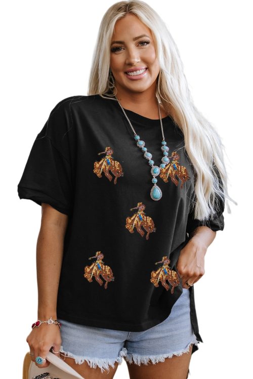 Women's Black Western Horse Patched Crew Neck Graphic T-Shirt for Casual Wear