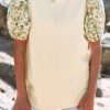Women's Beige Contrast Floral Bubble Sleeve Patchwork Ribbed Top - Chic & Elegant - Image 8