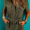 Women's Moss Green Half Button Belted Utility Short Sleeve Jumpsuit - Image 6