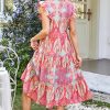 Women's Rose Tribal Paisley Print Ruffled Sleeve Notch Neck Midi Dress - Bohemian Style - Image 2