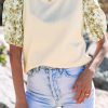 Women's Beige Contrast Floral Bubble Sleeve Patchwork Ribbed Top - Chic & Elegant - Image 7