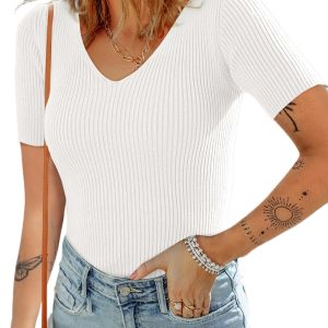 Women's Lightweight White V Neck Ribbed Knit Short Sleeve Sweater