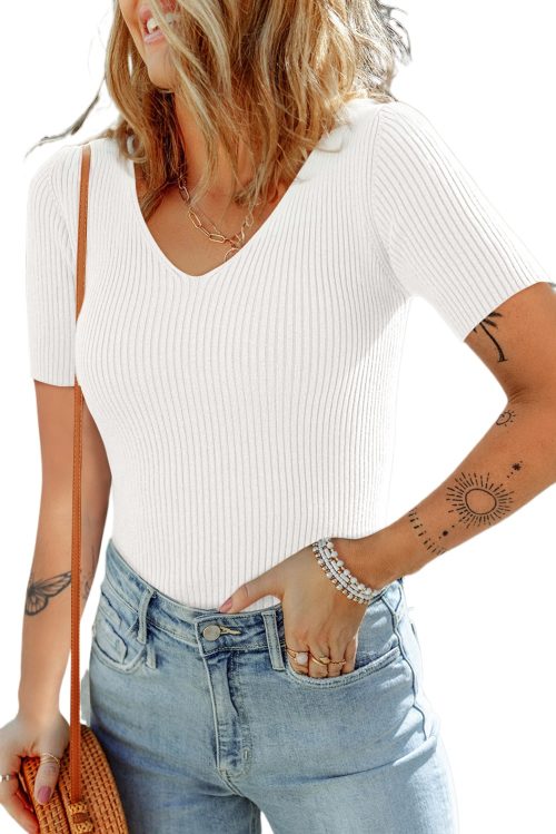 Women's Lightweight White V Neck Ribbed Knit Short Sleeve Sweater