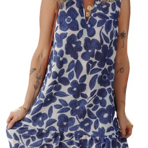 Elegant Blue Floral Sleeveless Colorblock Notched V Neck Mini Dress for Women
