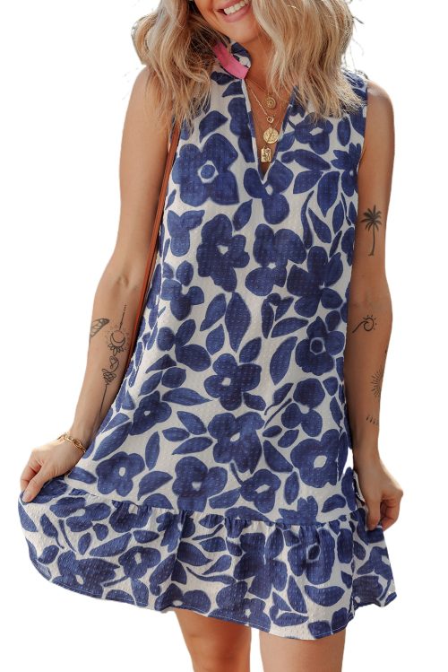 Elegant Blue Floral Sleeveless Colorblock Notched V Neck Mini Dress for Women