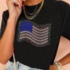 Women's Black Rhinestone American Flag Casual Round Neck Tee - Image 2