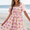 Women's Rose Vibrant Floral Square Neck Puff Sleeve Pleated Flared Midi Dress for Summer - Image 11