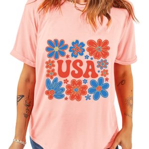 Women's Pink Shimmer USA Letter Printed Casual T-Shirt with Floral Design