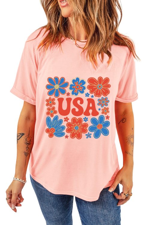 Women's Pink Shimmer USA Letter Printed Casual T-Shirt with Floral Design