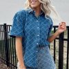 Women's Dusk Blue Checkered Textured Short Sleeve Denim Shirt with Patched Pocket - Image 8