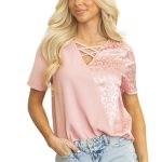 Women’s Apricot Pink Leopard Jacquard Patchwork Crisscross V Neck Short Sleeve Blouse